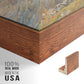 Close-up of the walnut floater frame corner and gallery wrapped canvas construction.