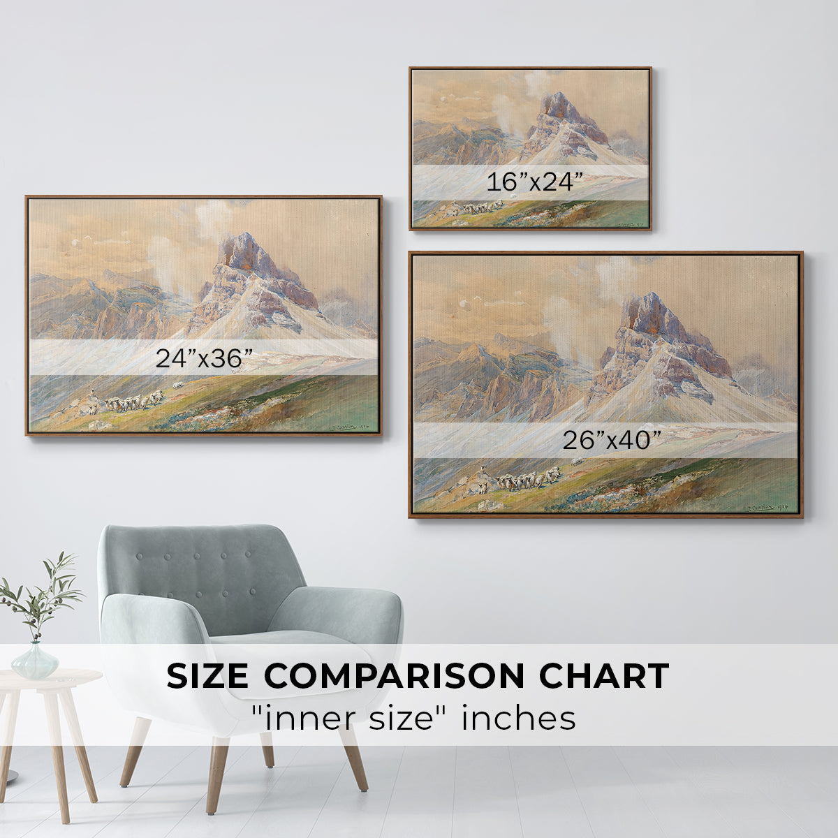 Size comparison chart for walnut floater framed canvas featuring From the Dolomites, 1904 by Edward Theodore Compton.