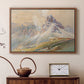 Walnut floater framed canvas featuring an expansive landscape featuring iconic Dolomite peaks, displayed above a cabinet in a soft-toned living room.