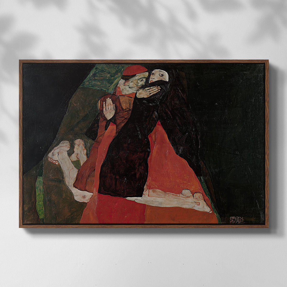 Front view of Cardinal and Nun (Caress), 1912 by Egon Schiele in a walnut floater framed canvas.