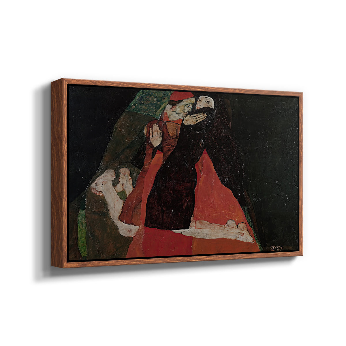 Angled view of Cardinal and Nun (Caress), 1912 by Egon Schiele in a walnut floater framed canvas.