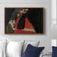 Cardinal and Nun (Caress), 1912 by Egon Schiele displayed above a sofa in a living room in a walnut floater frame, featuring a cardinal and nun depicted in close emotional interaction.