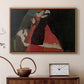 Walnut floater framed canvas featuring an expressive painting of figures entwined with bold lines and color, displayed above a cabinet in a soft-toned living room.
