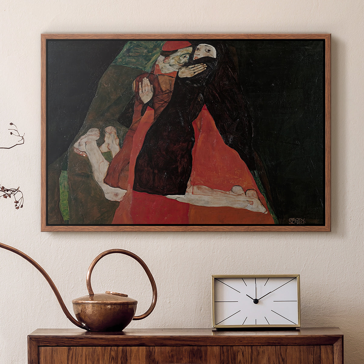 Walnut floater framed canvas featuring an expressive painting of figures entwined with bold lines and color, displayed above a cabinet in a soft-toned living room.