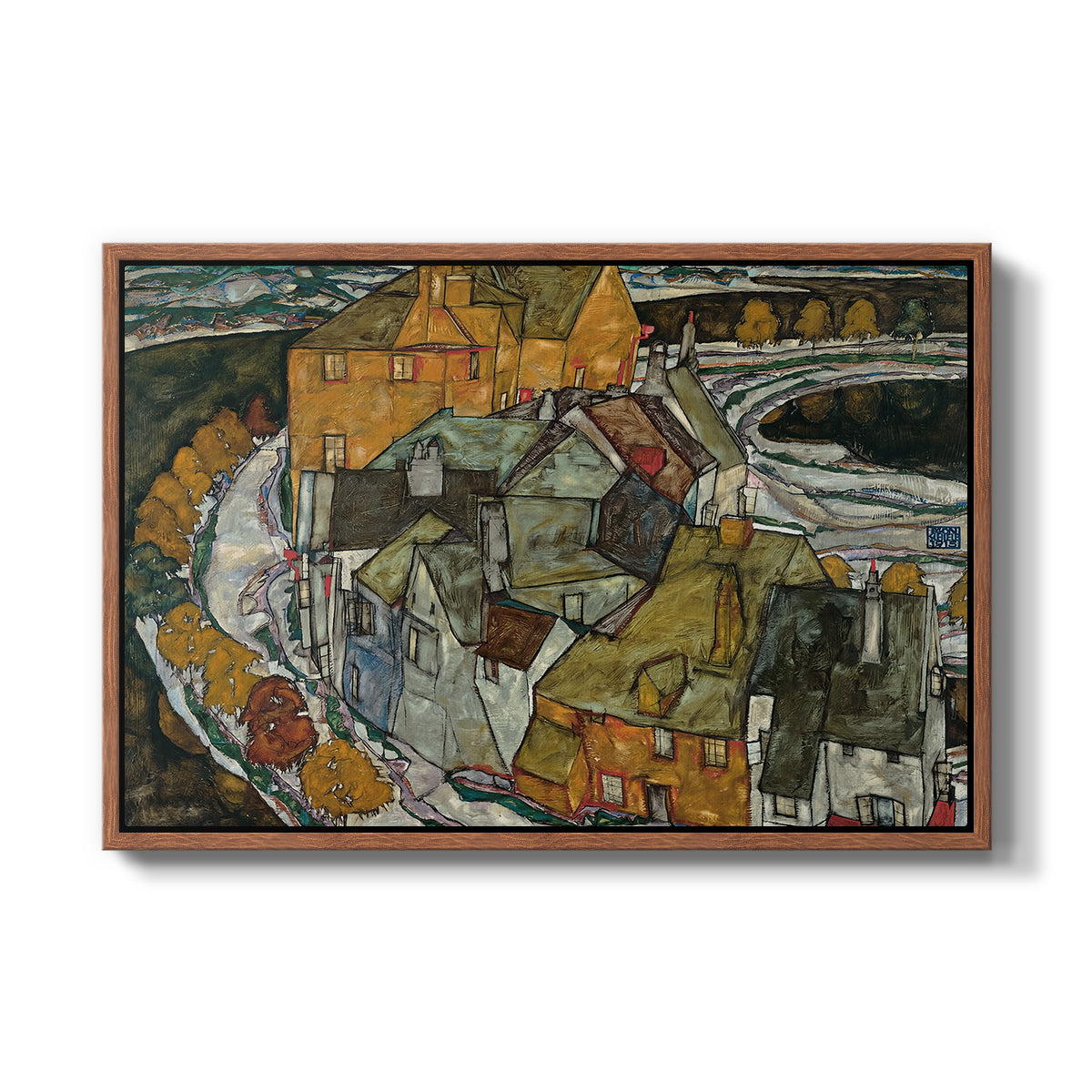 Crescent of Houses II (Island Town), 1915 by Egon Schiele in a walnut floater framed canvas wall art display.