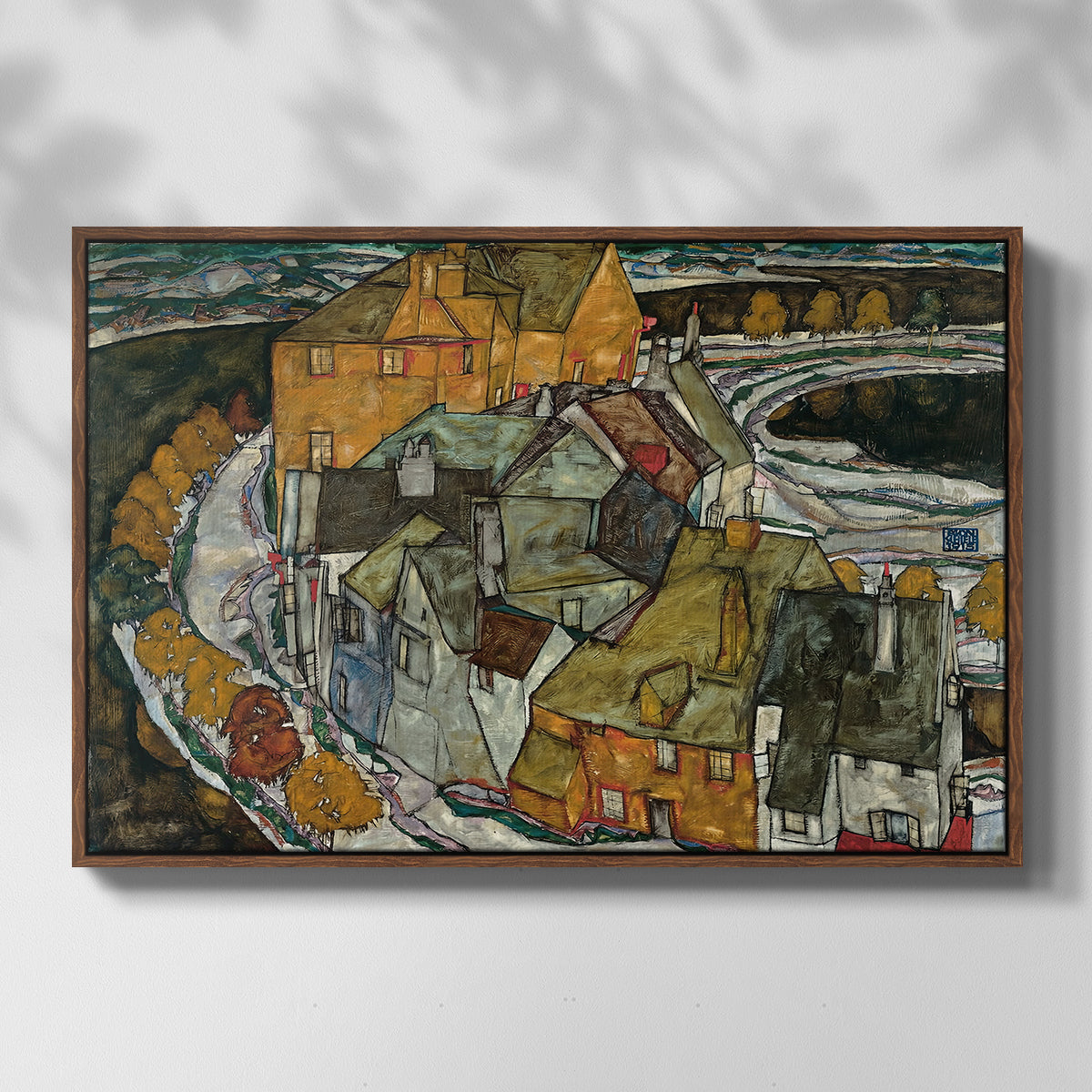 Front view of Crescent of Houses II (Island Town), 1915 by Egon Schiele in a walnut floater framed canvas.