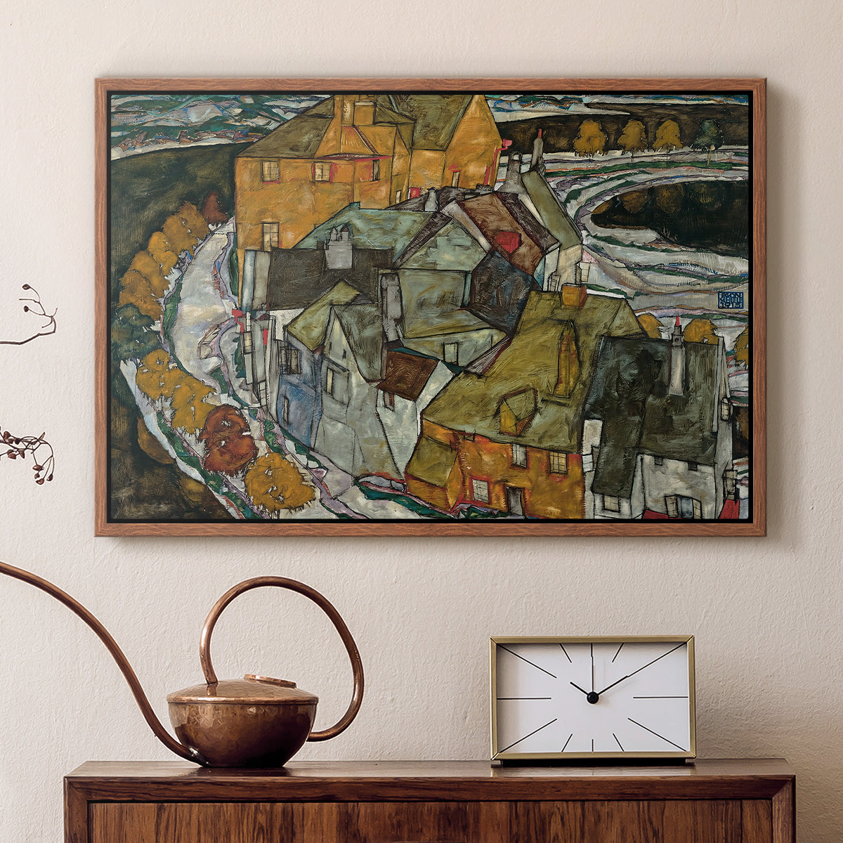 Walnut floater framed canvas featuring an expressionist depiction of island town with geometric forms, displayed above a cabinet in a soft-toned living room.