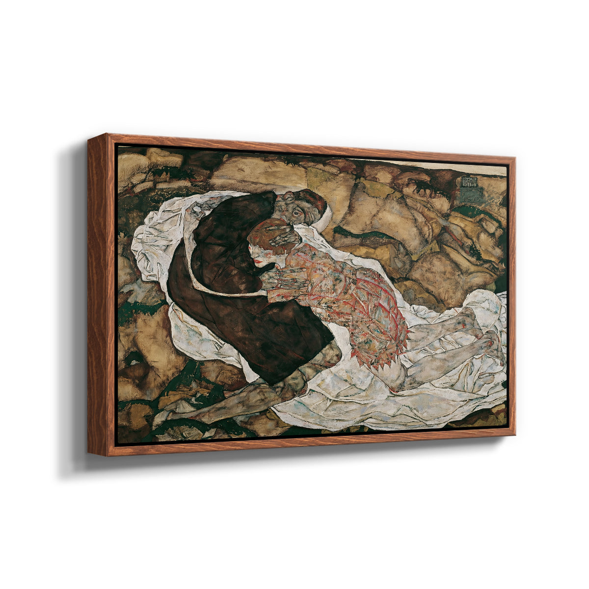 Angled view of Death and the Maiden, 1915 by Egon Schiele in a walnut floater framed canvas.