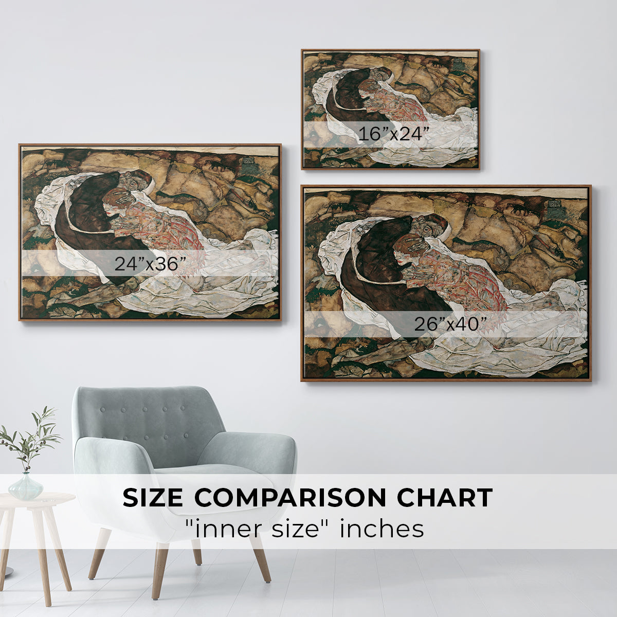 Size comparison chart for walnut floater framed canvas featuring Death and the Maiden, 1915 by Egon Schiele.