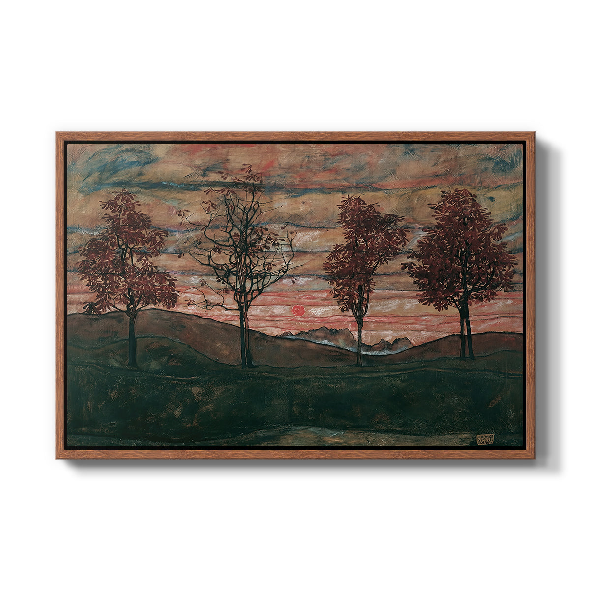 Four Trees, 1917 by Egon Schiele in a walnut floater framed canvas wall art display.