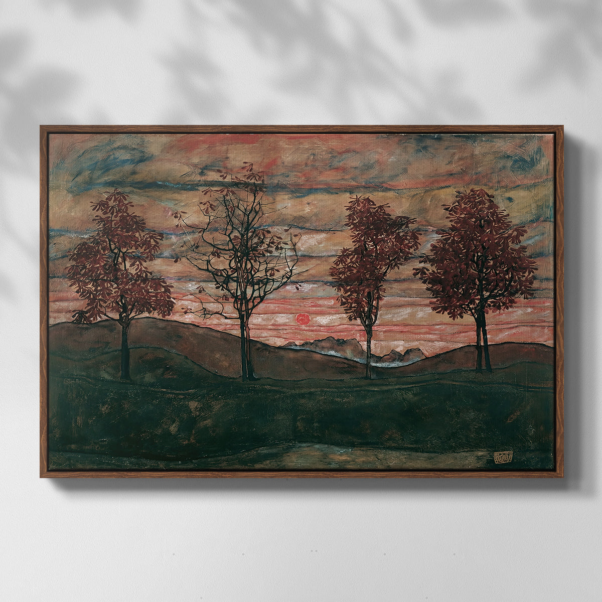 Front view of Four Trees, 1917 by Egon Schiele in a walnut floater framed canvas.