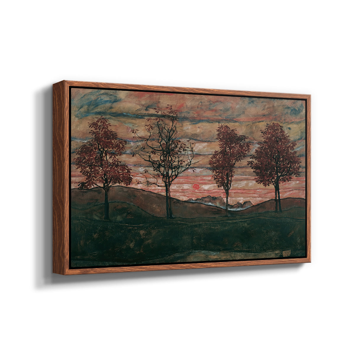Angled view of Four Trees, 1917 by Egon Schiele in a walnut floater framed canvas.