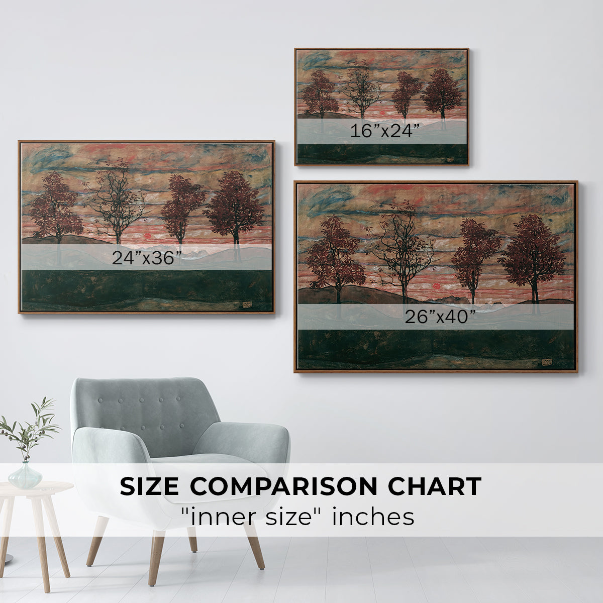 Size comparison chart for walnut floater framed canvas featuring Four Trees, 1917 by Egon Schiele.