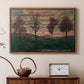 Walnut floater framed canvas featuring a stylized nature scene with strong outlines and simple composition, displayed above a cabinet in a soft-toned living room.