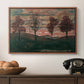 Four Trees, 1917 by Egon Schiele in a walnut floater framed canvas displayed above a console table in a hallway, featuring an expressionist landscape featuring isolated trees in field.