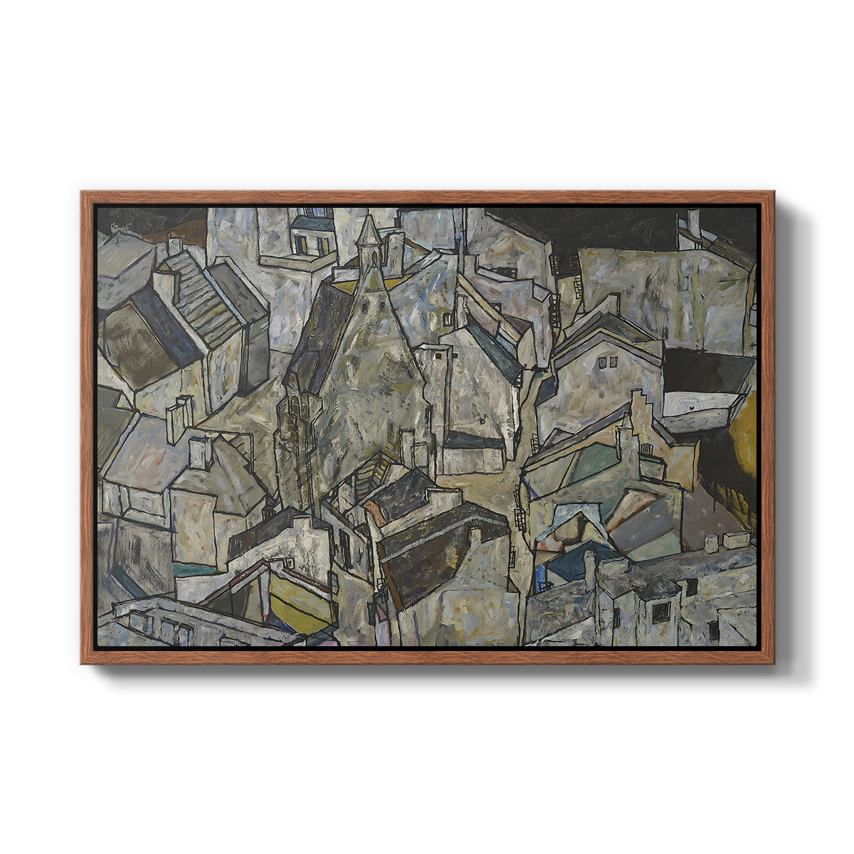 Mödling II, 1918 by Egon Schiele in a walnut floater framed canvas wall art display.