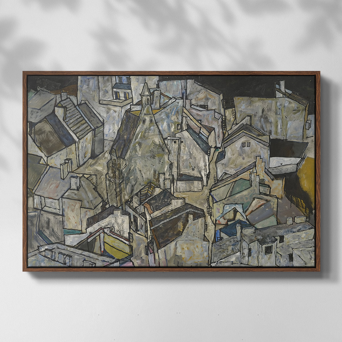 Front view of Mödling II, 1918 by Egon Schiele in a walnut floater framed canvas.