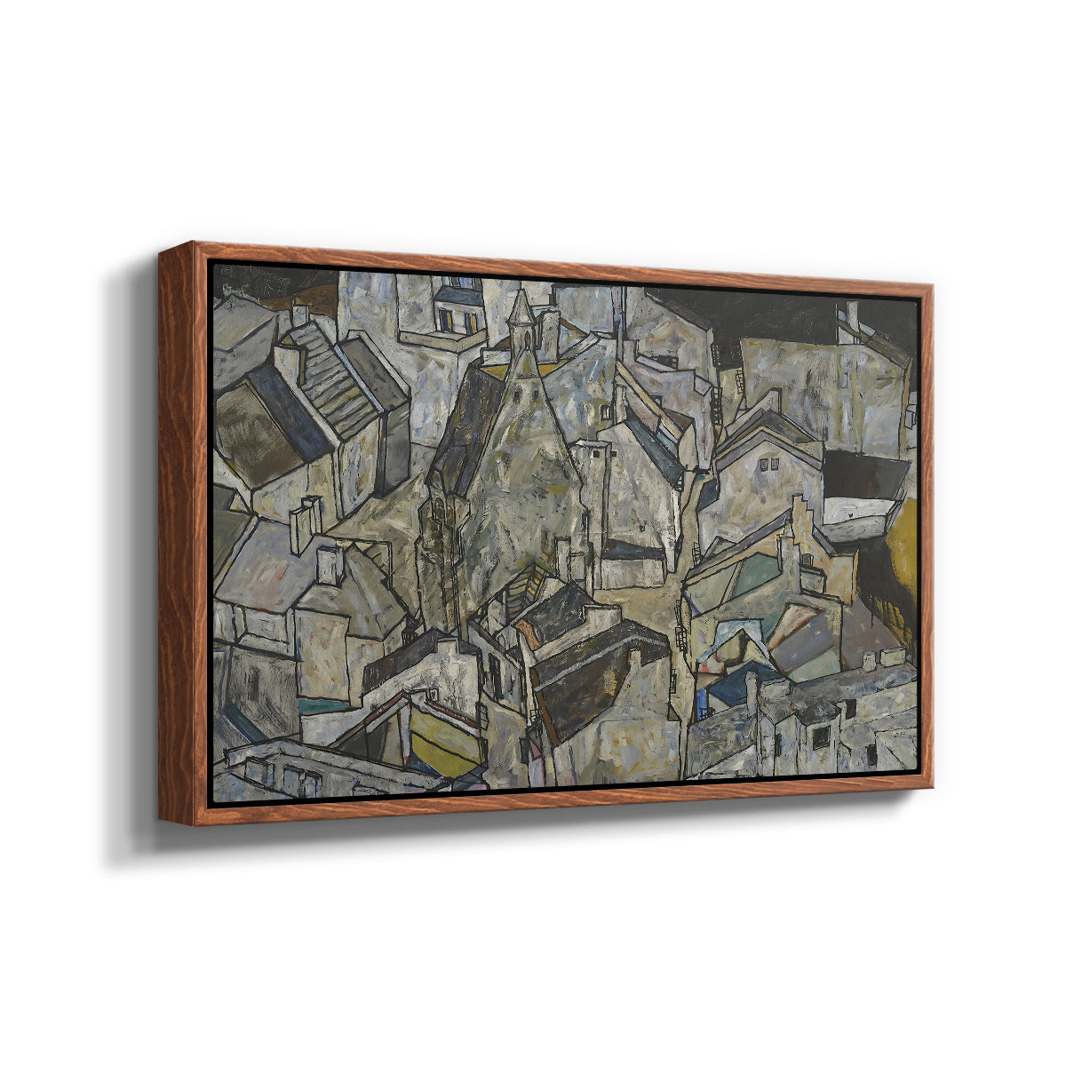 Angled view of Mödling II, 1918 by Egon Schiele in a walnut floater framed canvas.