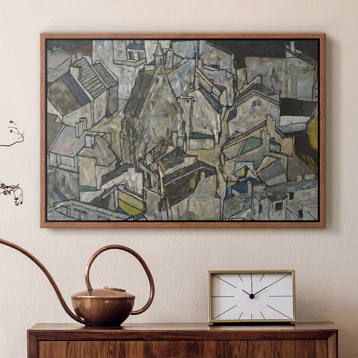 Walnut floater framed canvas featuring an abstracted town view with angular rooftops and fragmented forms, displayed above a cabinet in a soft-toned living room.