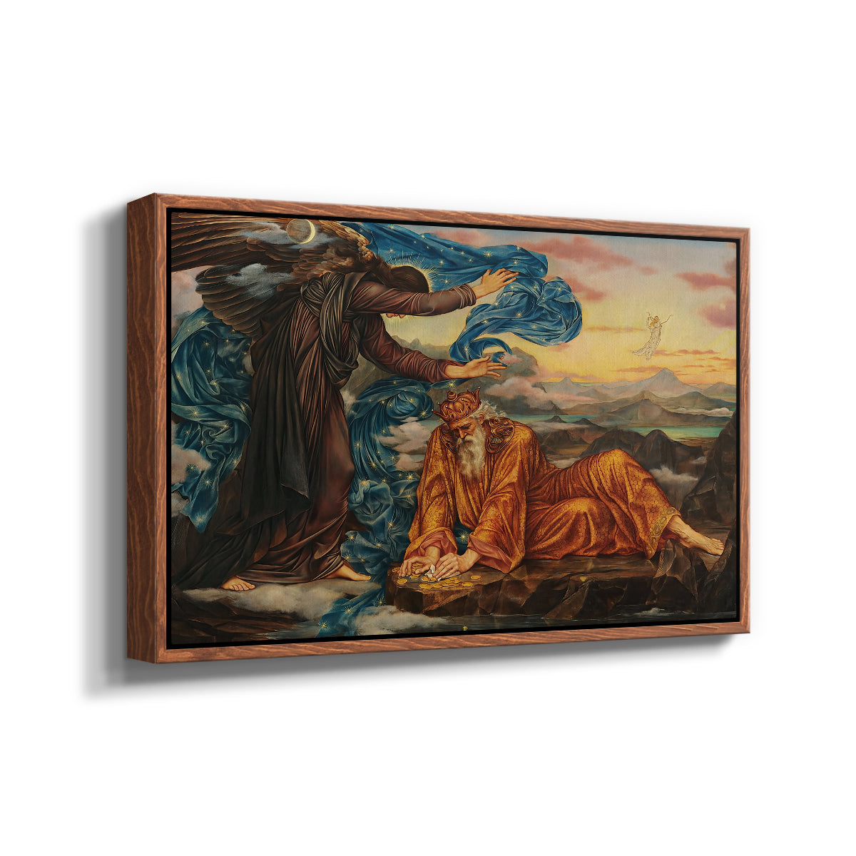 Angled view of Earthbound, 1897 by Evelyn De Morgan in a walnut floater framed canvas.