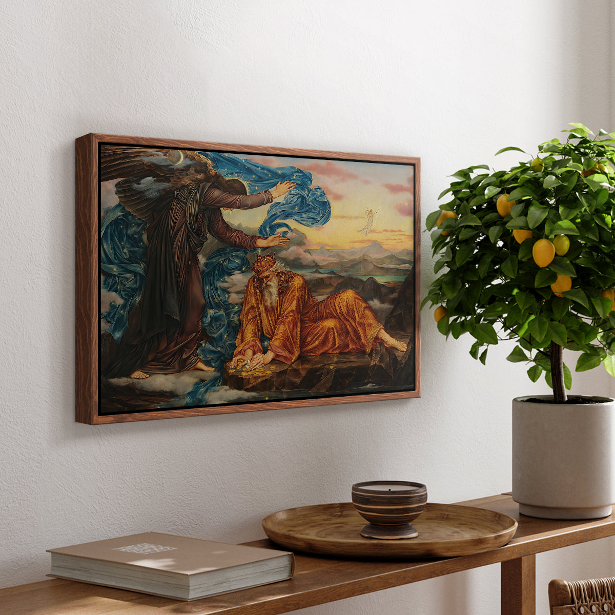 Earthbound, 1897 by Evelyn De Morgan, presented in a walnut floater framed canvas featuring a reclining female figure surrounded by symbolic elements in dreamlike setting, displayed above a hallway console table.