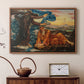 Walnut floater framed canvas featuring a symbolic composition exploring human form and spiritual themes, displayed above a cabinet in a soft-toned living room.