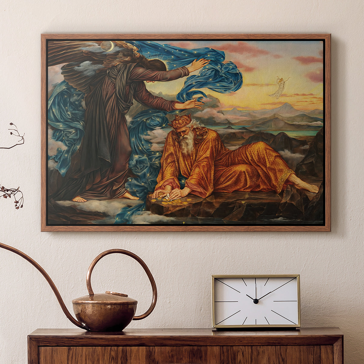 Walnut floater framed canvas featuring a symbolic composition exploring human form and spiritual themes, displayed above a cabinet in a soft-toned living room.