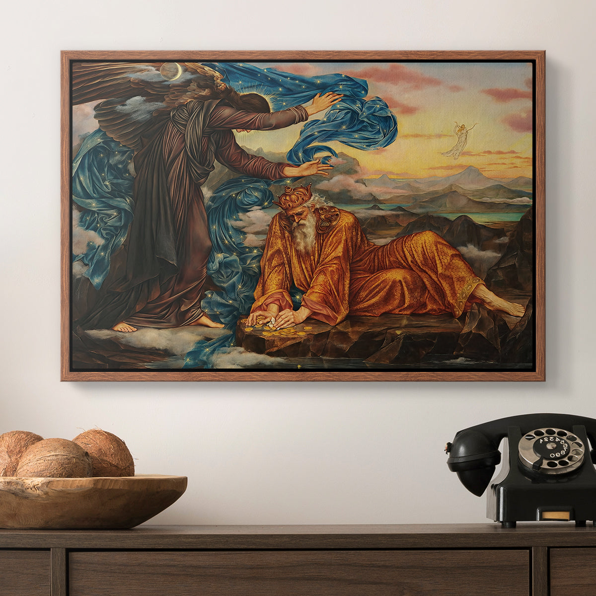 Earthbound, 1897 by Evelyn De Morgan in a walnut floater framed canvas displayed above a console table in a hallway, featuring a classical-style figure lying in ornate, mystical environment.