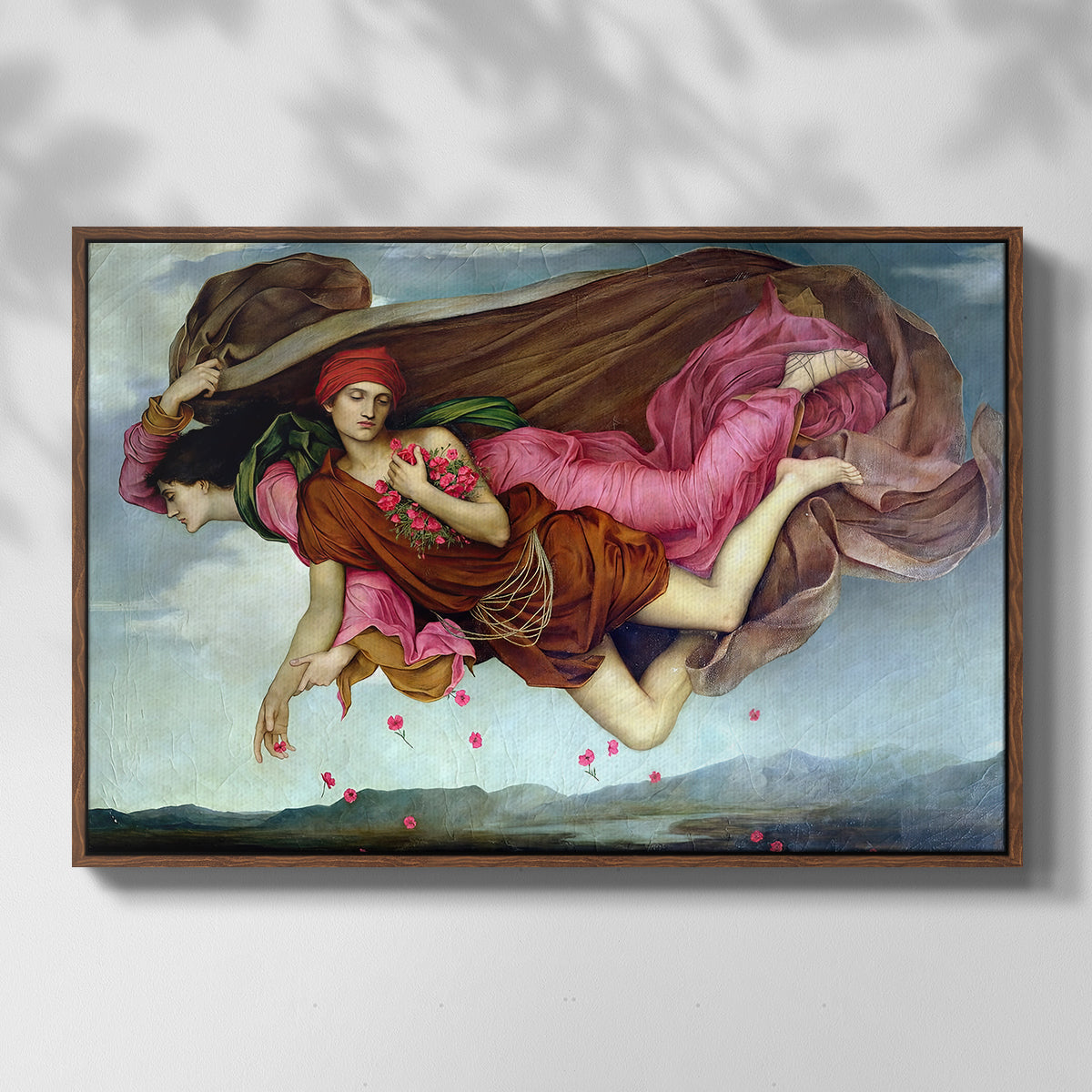 Front view of Night and Sleep, 1878 by Evelyn De Morgan in a walnut floater framed canvas.