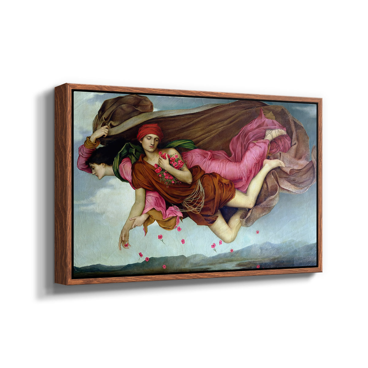 Angled view of Night and Sleep, 1878 by Evelyn De Morgan in a walnut floater framed canvas.