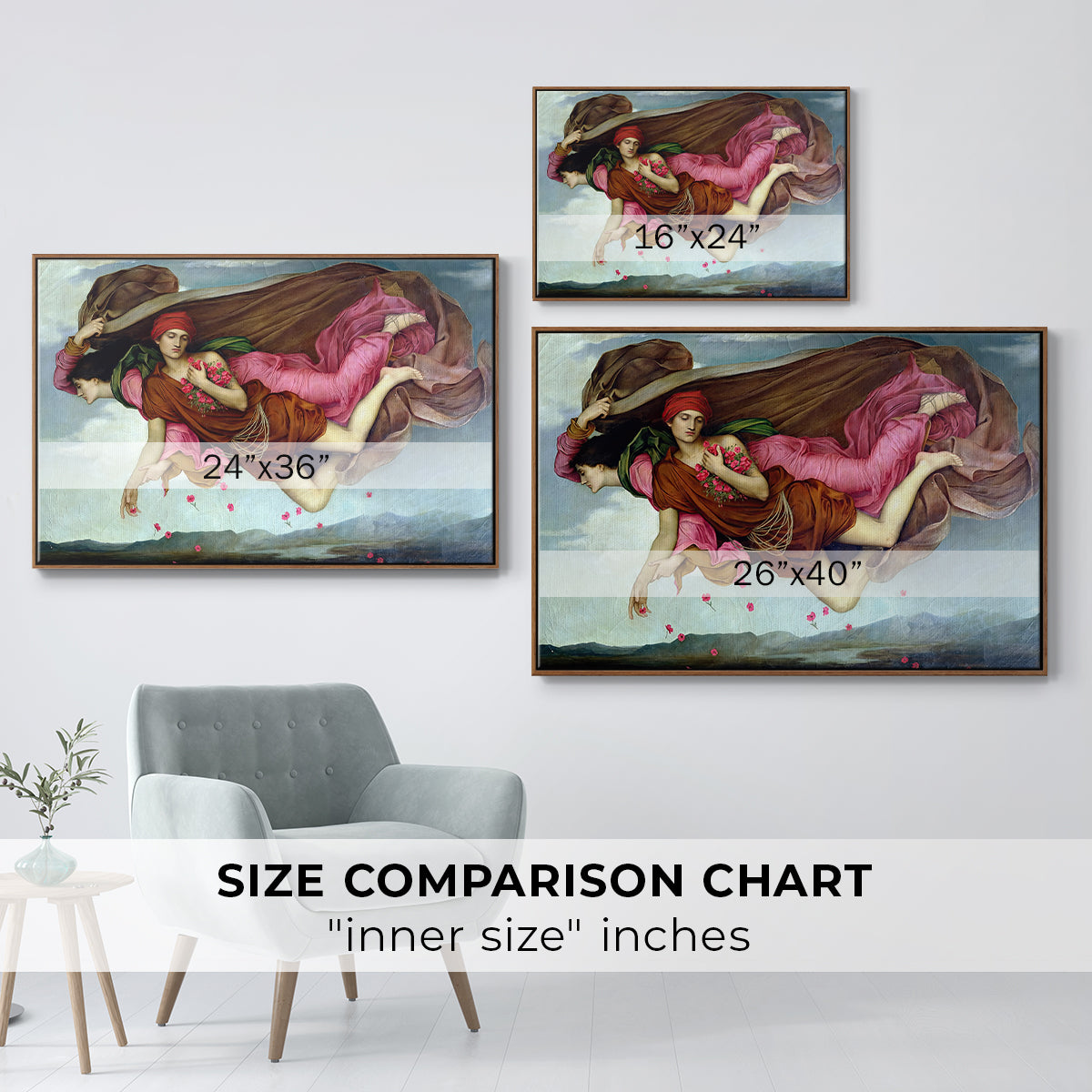 Size comparison chart for walnut floater framed canvas featuring Night and Sleep, 1878 by Evelyn De Morgan.