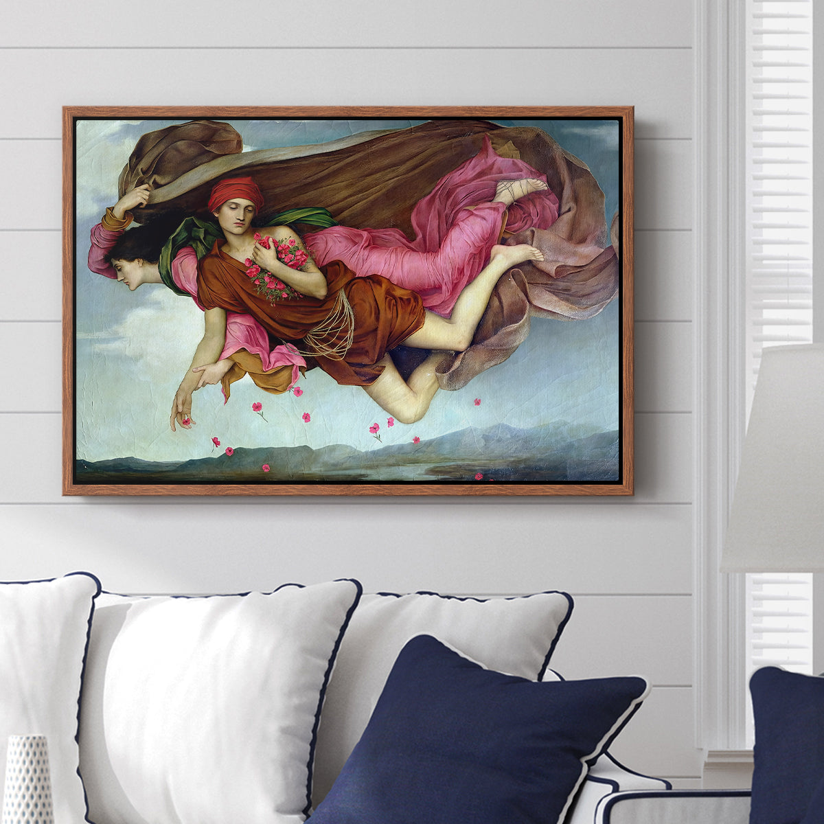 Night and Sleep, 1878 by Evelyn De Morgan displayed above a sofa in a living room in a walnut floater frame, featuring a symbolic depiction of night and sleep as ethereal figures in motion.