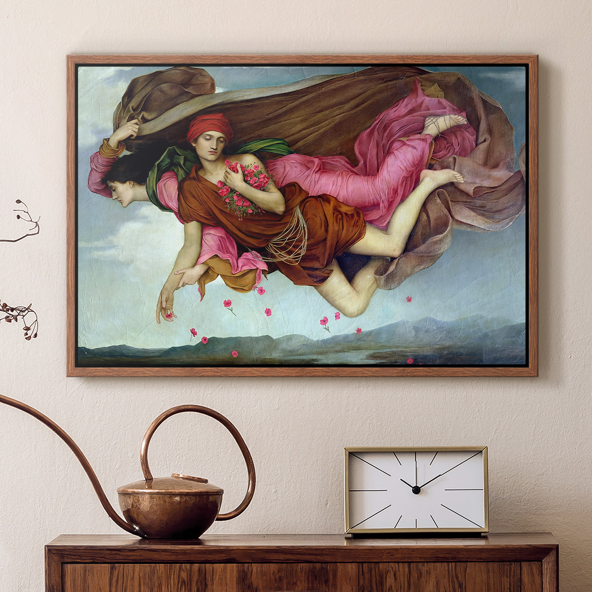Walnut floater framed canvas featuring a dreamlike scene with draped figures drifting across dark background, displayed above a cabinet in a soft-toned living room.