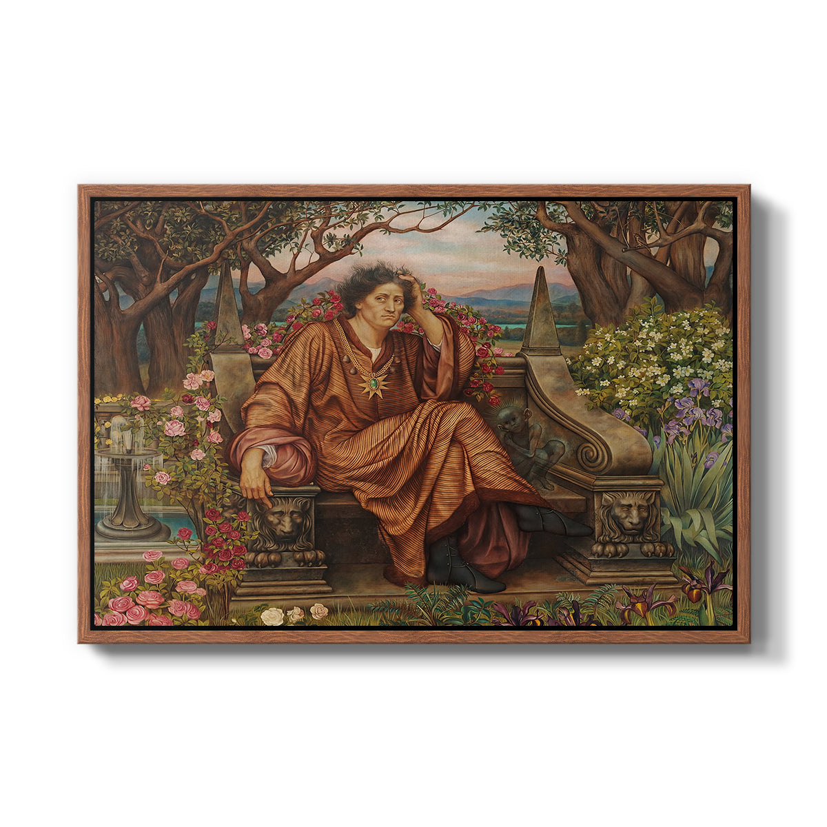 A Soul in Hell, c. 1901-1902 by Evelyn De Morgan in a walnut floater framed canvas wall art display.