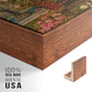 Close-up of the walnut floater frame corner and gallery wrapped canvas construction.
