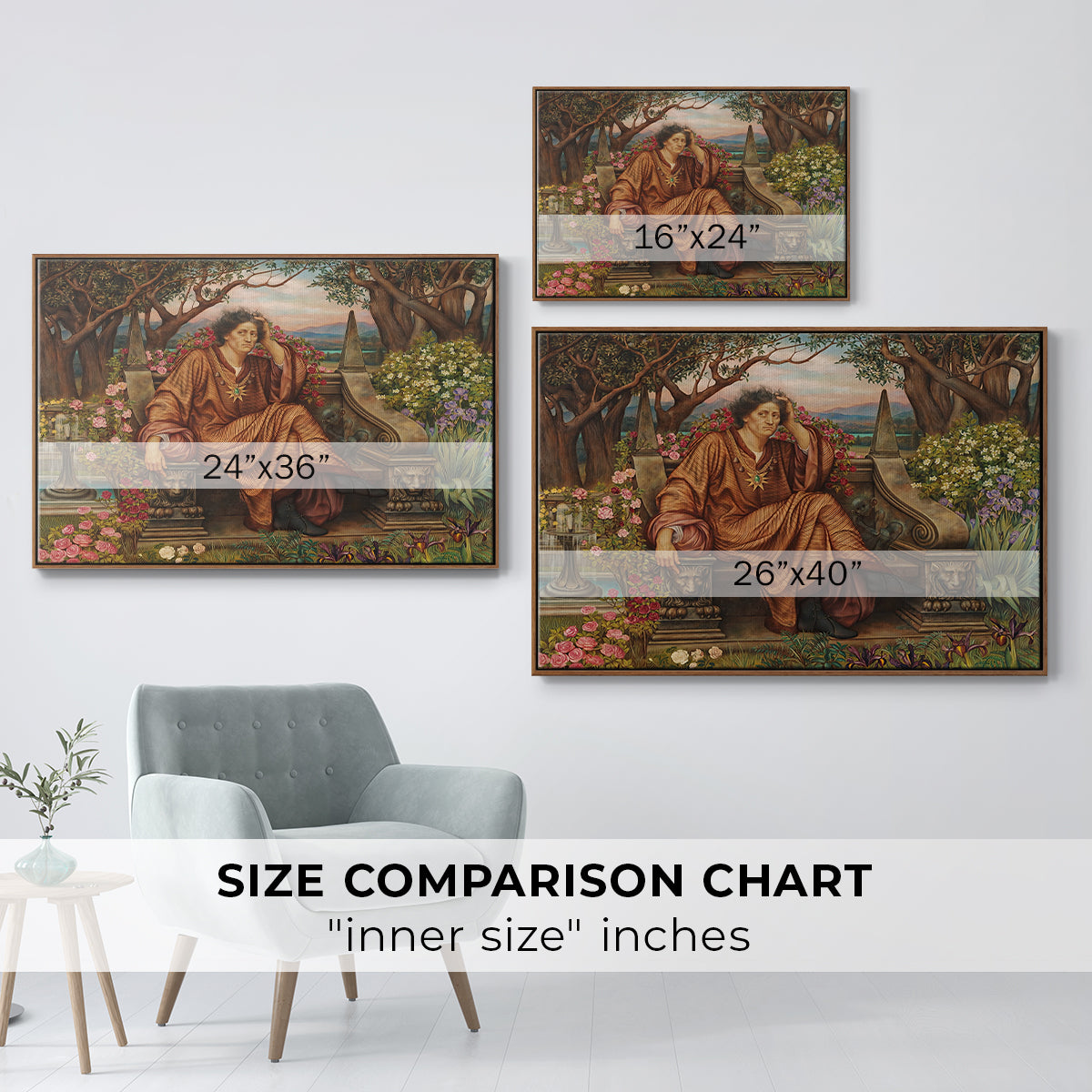 Size comparison chart for walnut floater framed canvas featuring A Soul in Hell, c. 1901-1902 by Evelyn De Morgan.