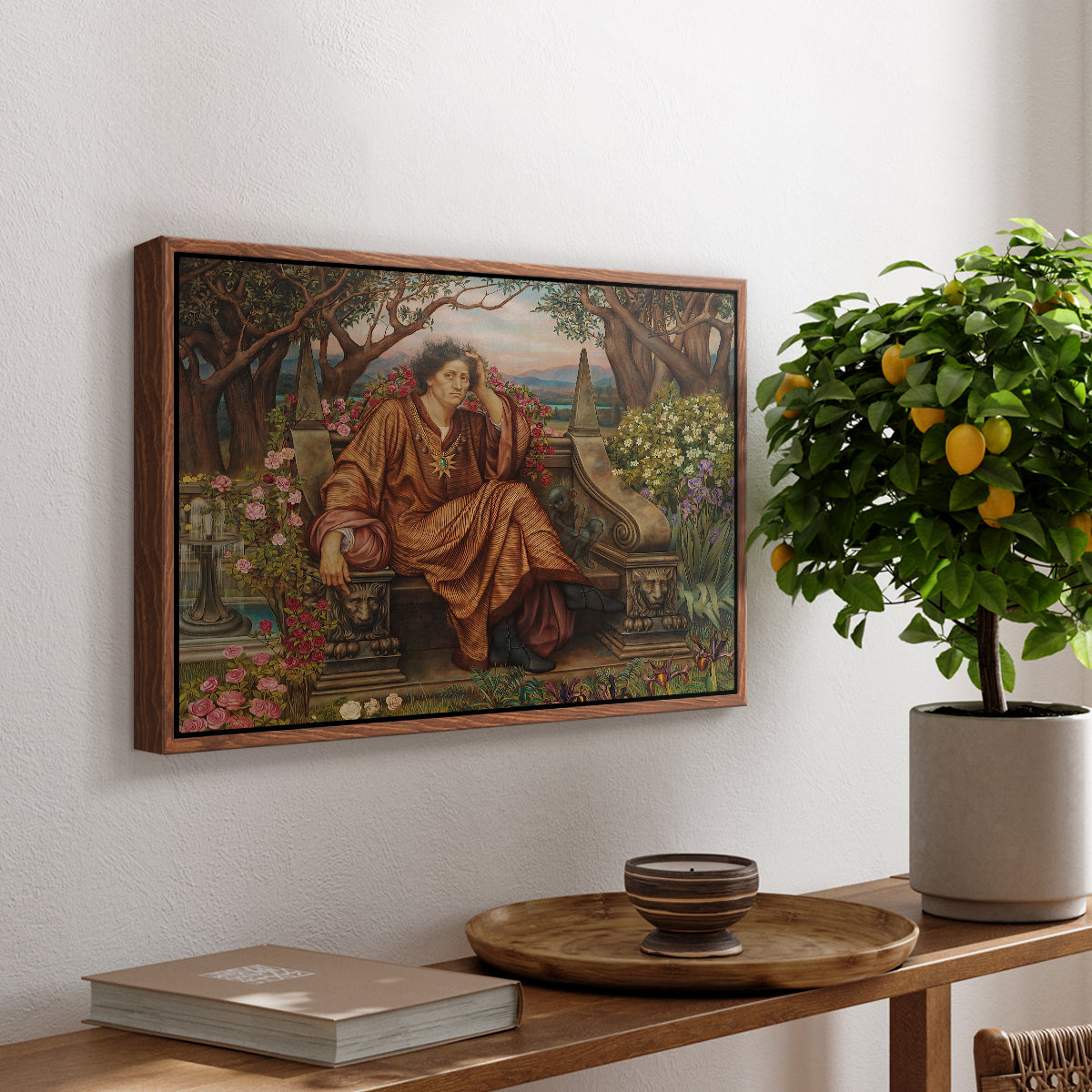 A Soul in Hell, c. 1901-1902 by Evelyn De Morgan, presented in a walnut floater framed canvas featuring a distressed figure surrounded by flames and torment in symbolic hell scene, displayed above a hallway console table.