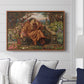 A Soul in Hell, c. 1901-1902 by Evelyn De Morgan displayed above a sofa in a living room in a walnut floater frame, featuring a dramatic allegory of suffering with figure engulfed in fiery environment.