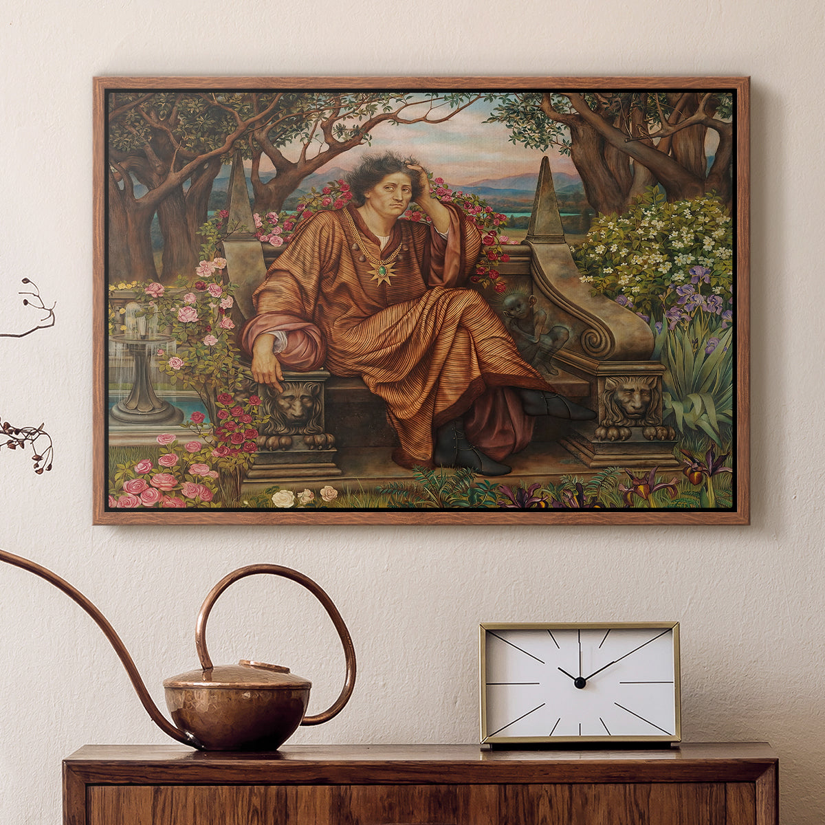 Walnut floater framed canvas featuring a symbolic depiction of soul in anguish amid chaotic forms, displayed above a cabinet in a soft-toned living room.