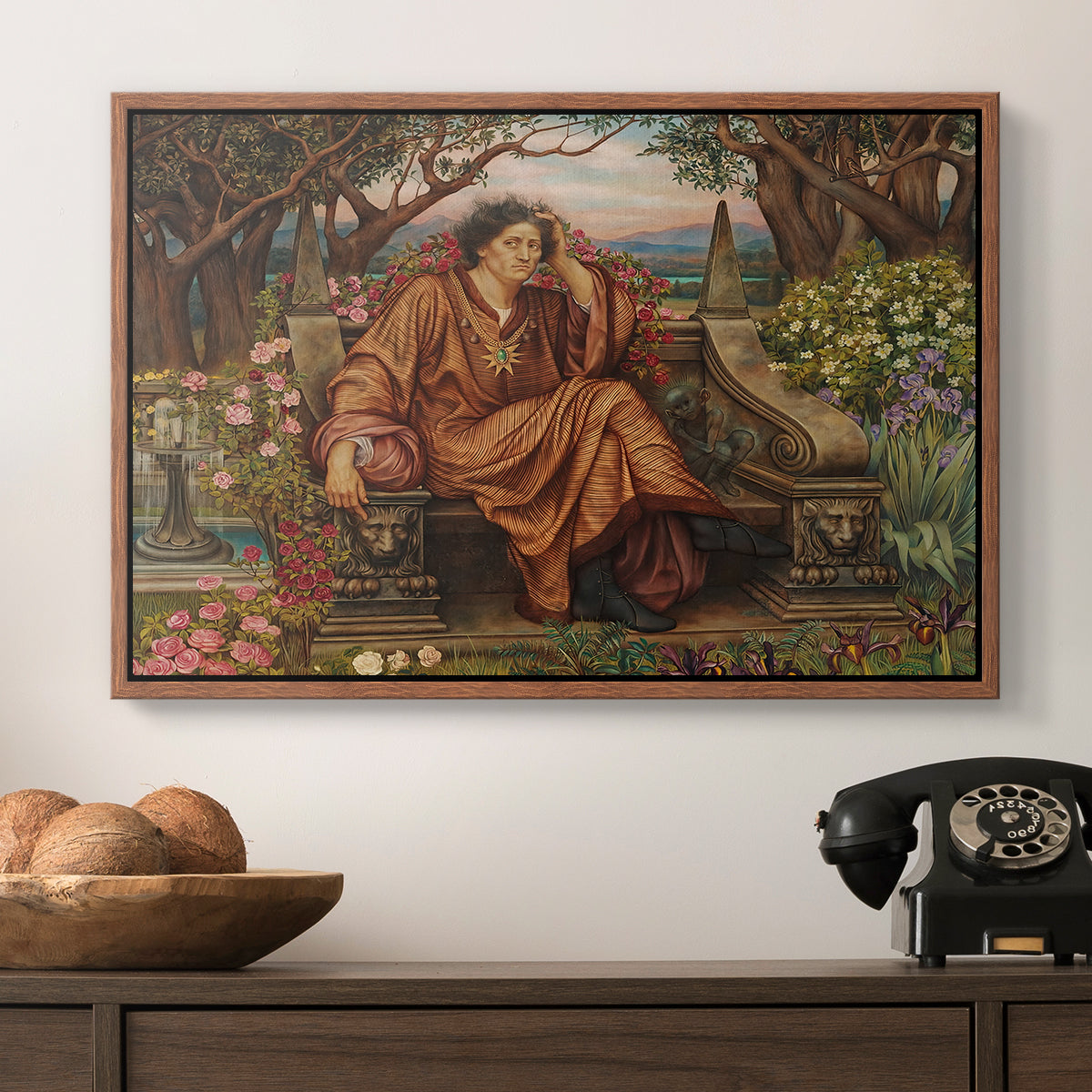 A Soul in Hell, c. 1901-1902 by Evelyn De Morgan in a walnut floater framed canvas displayed above a console table in a hallway, featuring an emotional scene representing torment and spiritual struggle.