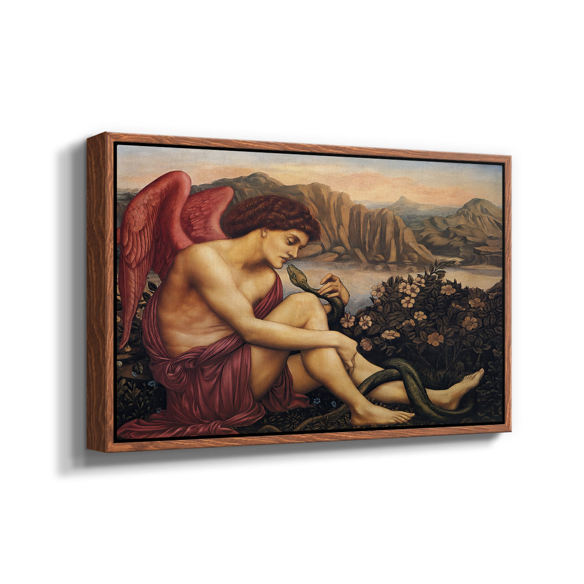 Angled view of The Angel with the Serpent, c. 1870-1875 by Evelyn De Morgan in a walnut floater framed canvas.