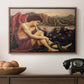 The Angel with the Serpent, c. 1870-1875 by Evelyn De Morgan in a walnut floater framed canvas displayed above a console table in a hallway, featuring a symbolic imagery of purity overcoming evil forces.