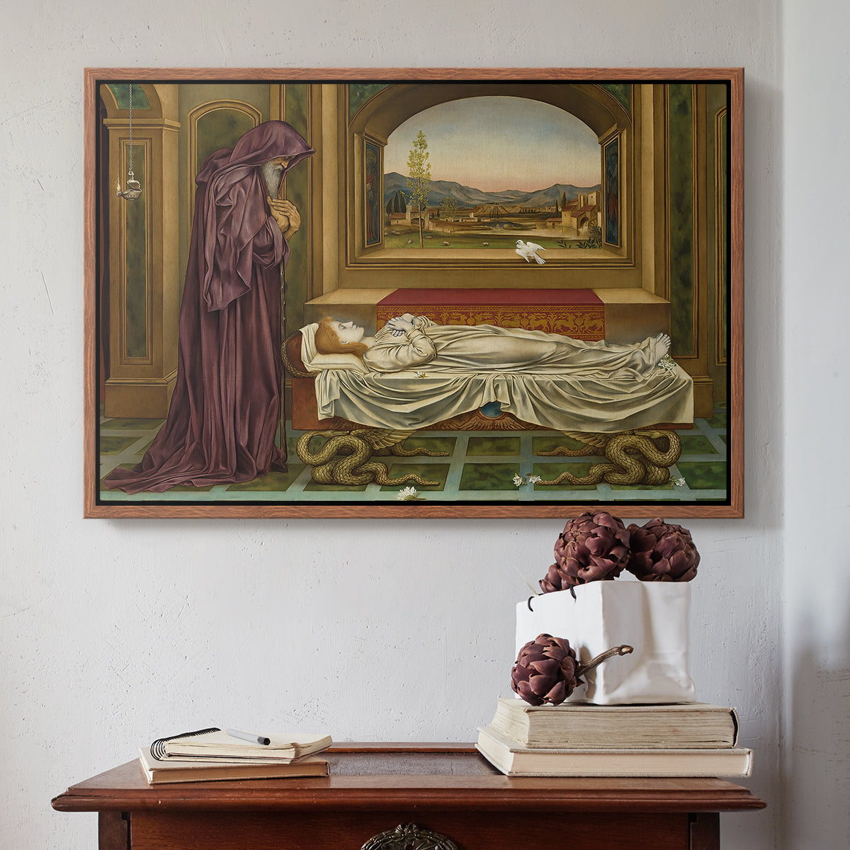 Walnut floater framed canvas featuring The Wandering Jew: Whom the Gods Love Die Young, 1888 by Evelyn De Morgan above an entryway table in a minimalist foyer.