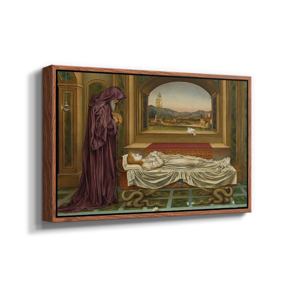 Angled view of The Wandering Jew: Whom the Gods Love Die Young, 1888 by Evelyn De Morgan in a walnut floater framed canvas.