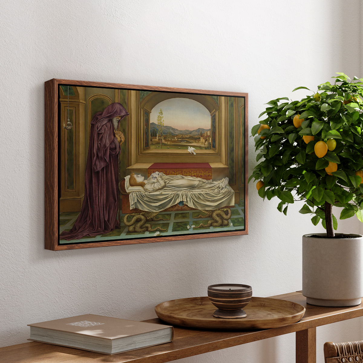 The Wandering Jew: Whom the Gods Love Die Young, 1888 by Evelyn De Morgan, presented in a walnut floater framed canvas featuring a solitary figure standing in interior space with contemplative expression, displayed above a hallway console table.