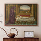 Walnut floater framed canvas featuring an introspective scene with lone figure framed by interior elements, displayed above a cabinet in a soft-toned living room.