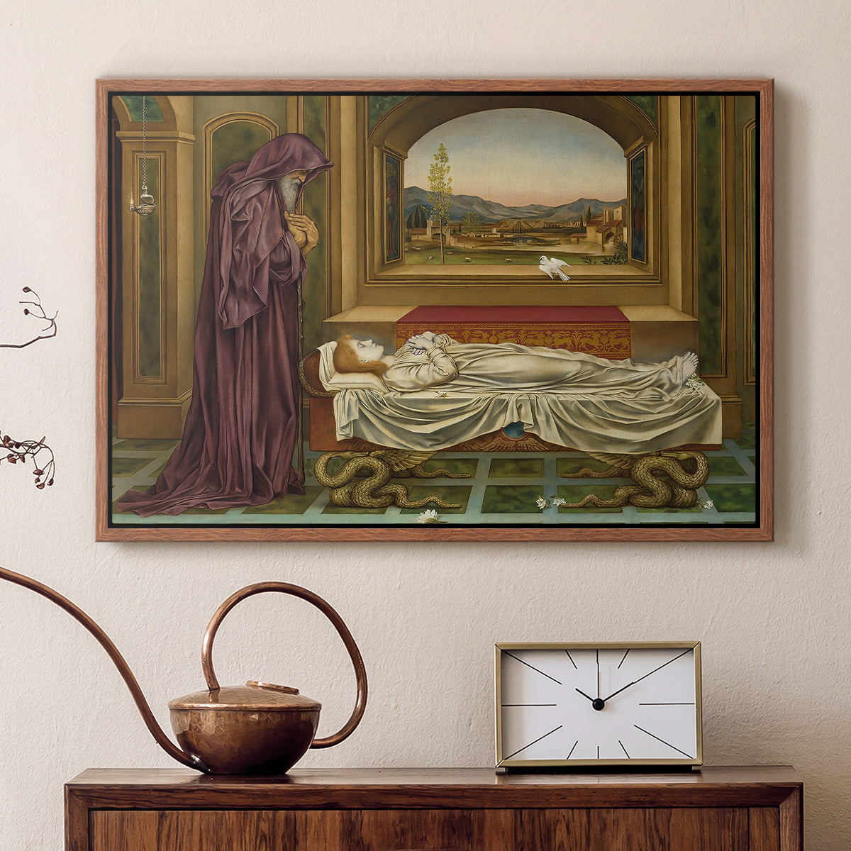 Walnut floater framed canvas featuring an introspective scene with lone figure framed by interior elements, displayed above a cabinet in a soft-toned living room.
