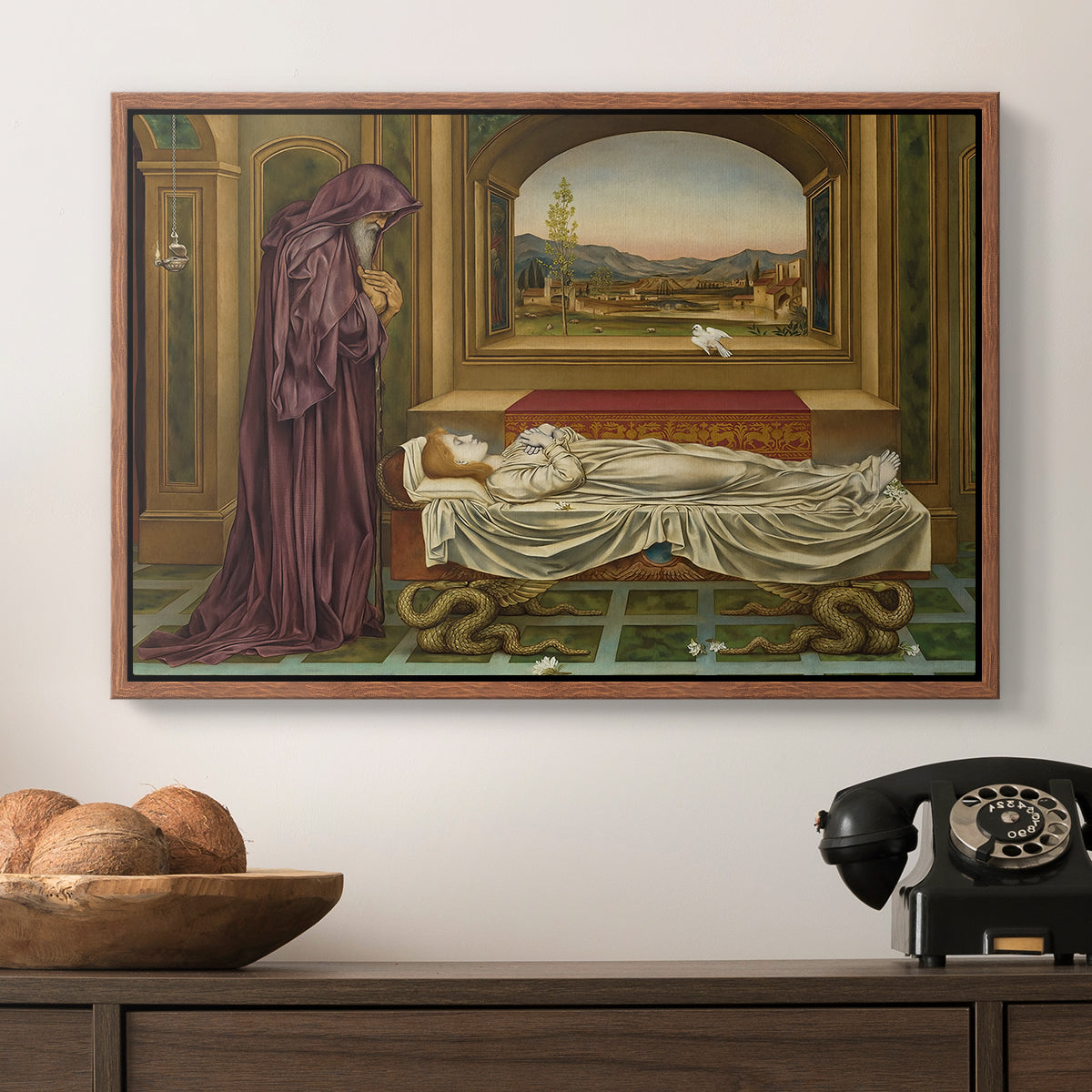 The Wandering Jew: Whom the Gods Love Die Young, 1888 by Evelyn De Morgan in a walnut floater framed canvas displayed above a console table in a hallway, featuring a narrative composition with figure paused in reflective moment.