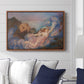 Twilight, 1914 by Evelyn De Morgan displayed above a sofa in a living room in a walnut floater frame, featuring an allegorical figure resting in atmospheric dusk setting.