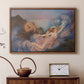 Walnut floater framed canvas featuring a dreamlike composition with woman in fading light, displayed above a cabinet in a soft-toned living room.